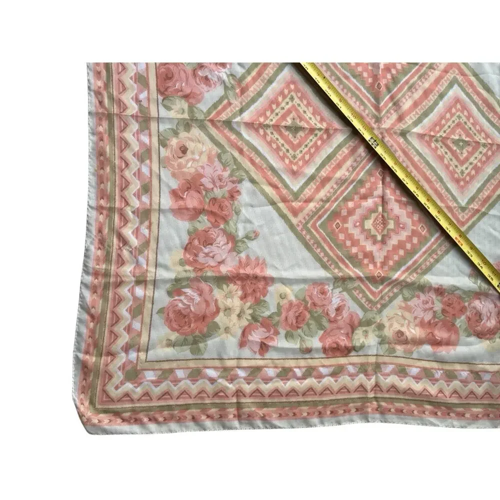 Vintage 70s Pure Silk Chiffon Scarf 35” Pink Rose Floral Cottagecore Fairy